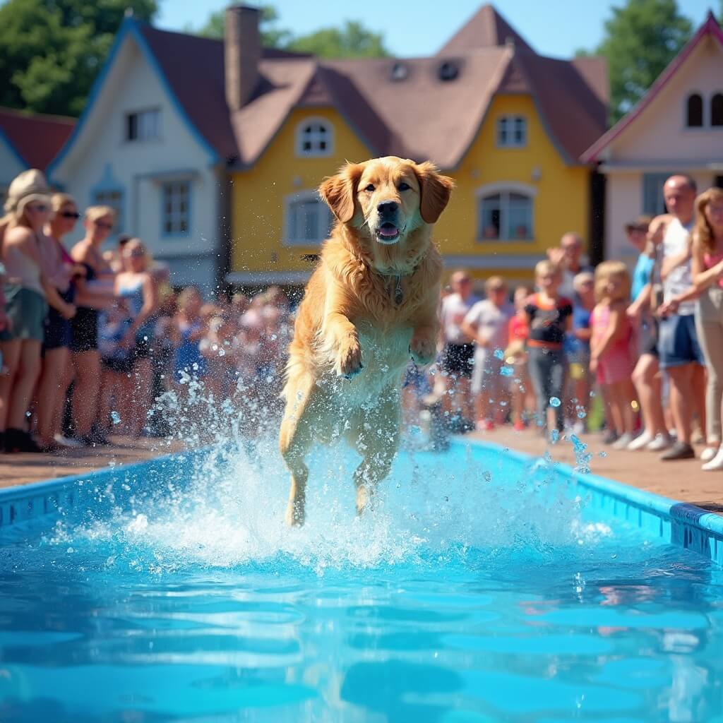 Golden retriever mid-air over pool in dog diving competition at Dog Bowl festival with bustling spectators and colorful Bavarian-style buildings in the background