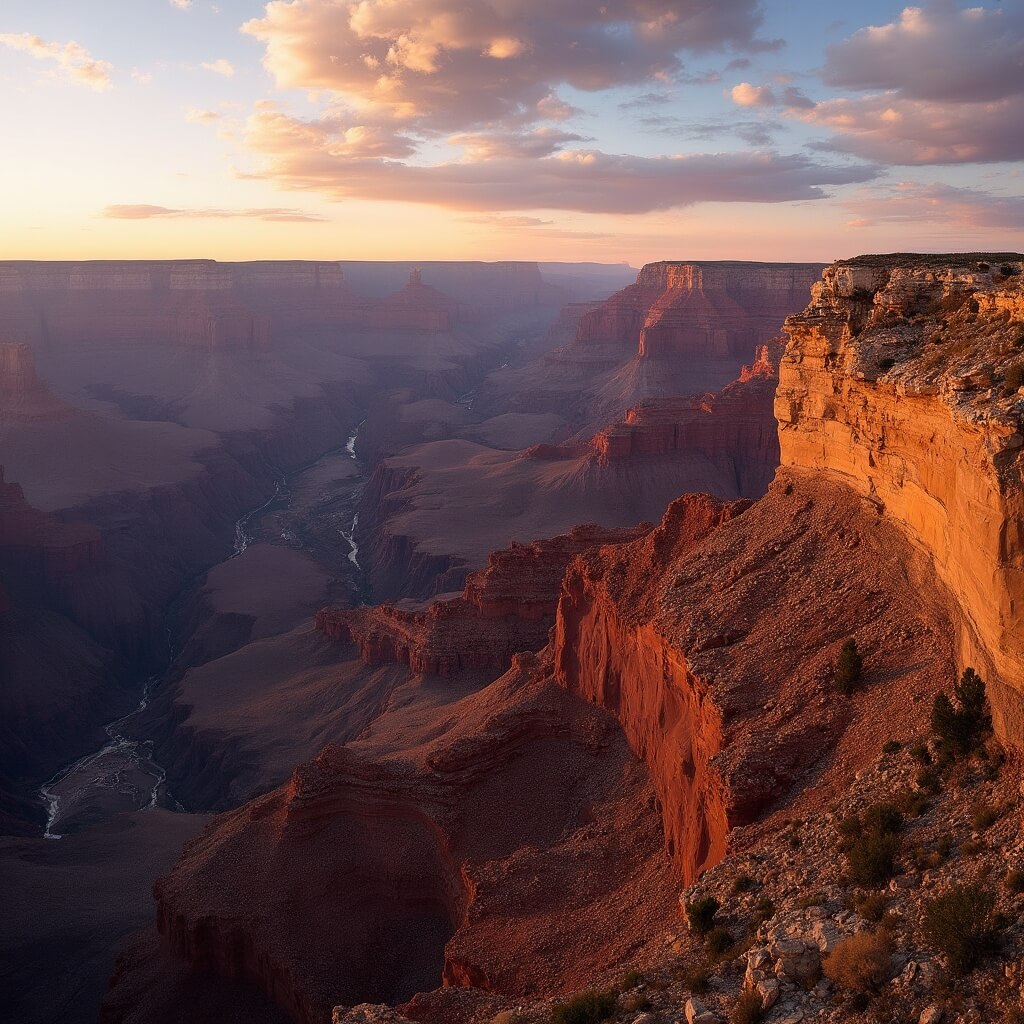 Grand Canyon at Mather Point during golden hour, highlighting vast layered rock formations and long shadows