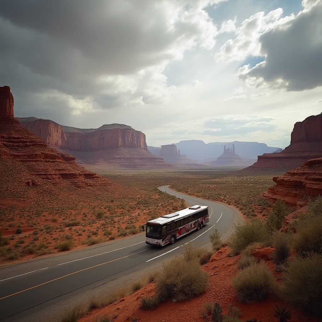 Park shuttle bus driving along Desert View Drive, red-orange layered canyon walls in the background with desert vegetation in the foreground and cloud shadows over the landscape