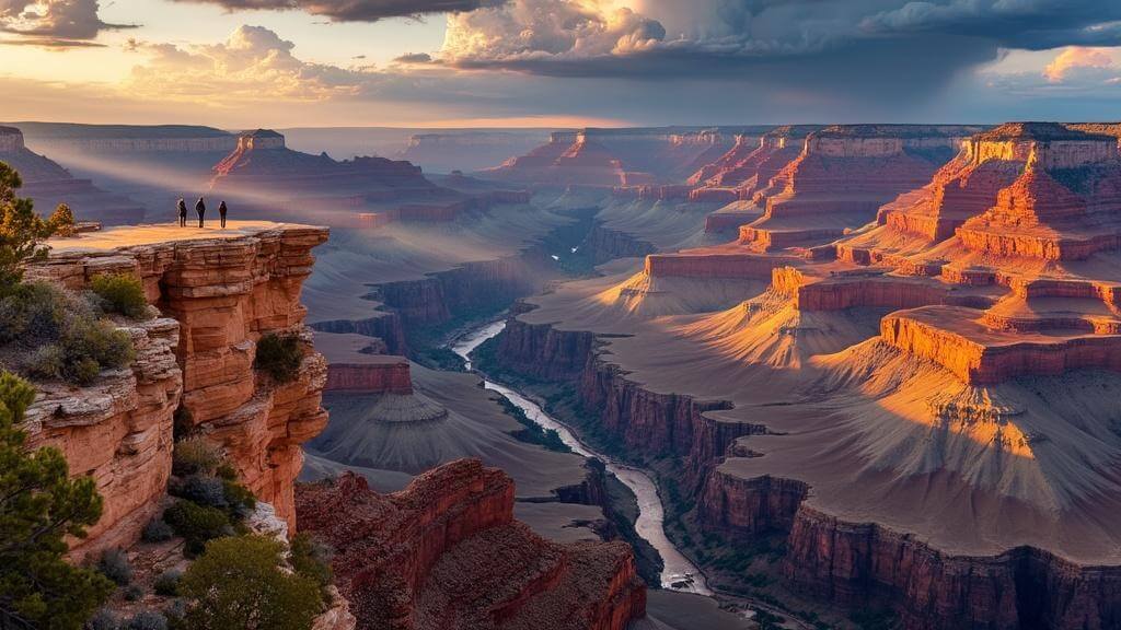 "Aerial view of the Grand Canyon at sunset with stratified cliffs illuminated by golden light, Colorado River snaking through the base, Mather Point overlook with visitors' silhouettes, storm clouds gathering in the distance and long shadows emphasizing the depth of the canyon walls."