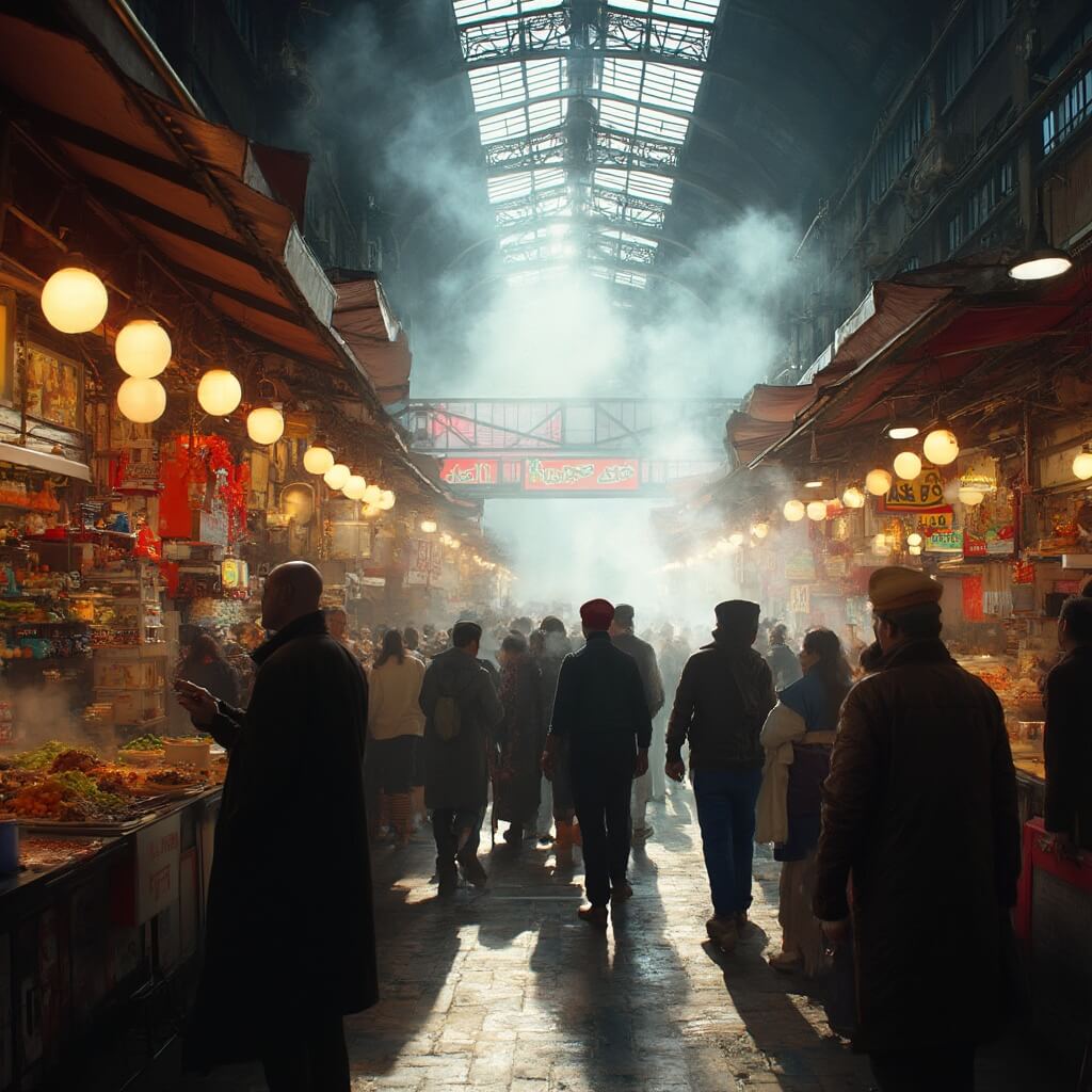 Lunch hour rush at Grand Central Market with colorful food stalls, hanging lights, diverse crowd, steam from cooking stations and sunlight through industrial ceiling