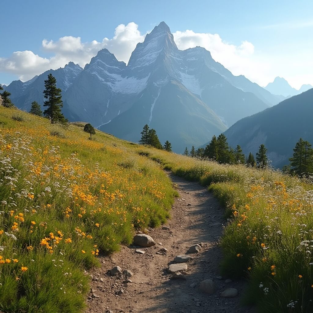 Early morning view of a rugged hiking trail through a wildflower meadow with the Grand Teton mountain range in the background, casting long shadows on the vibrant alpine landscape