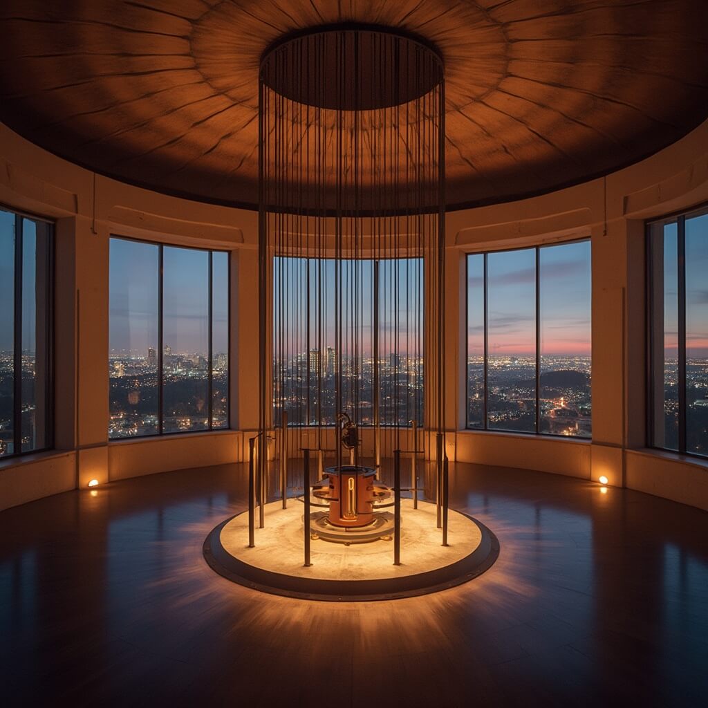 Inside Griffith Observatory main hall at dusk with Foucault pendulum in foreground, Art Deco ceiling above, and LA city lights visible through windows in background