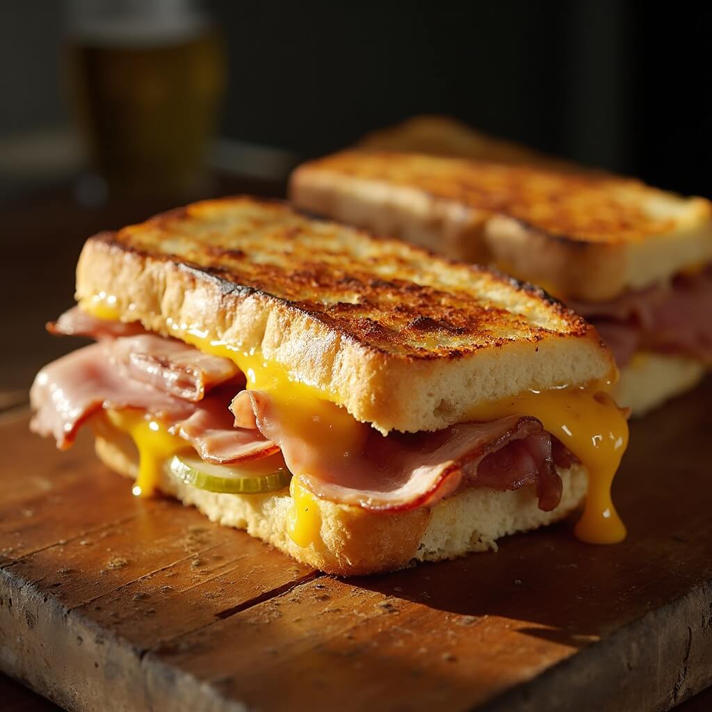 Close-up image of a delicious Cuban sandwich with melted cheese, ham, roasted pork, and pickles on a rustic wooden table, illuminated by natural light from the left