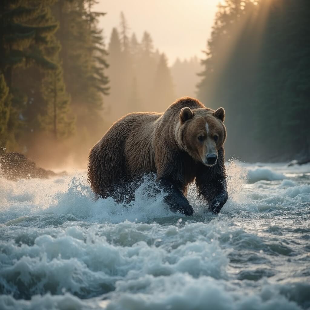 Grizzly bear hunting for salmon in a misty river during golden hour