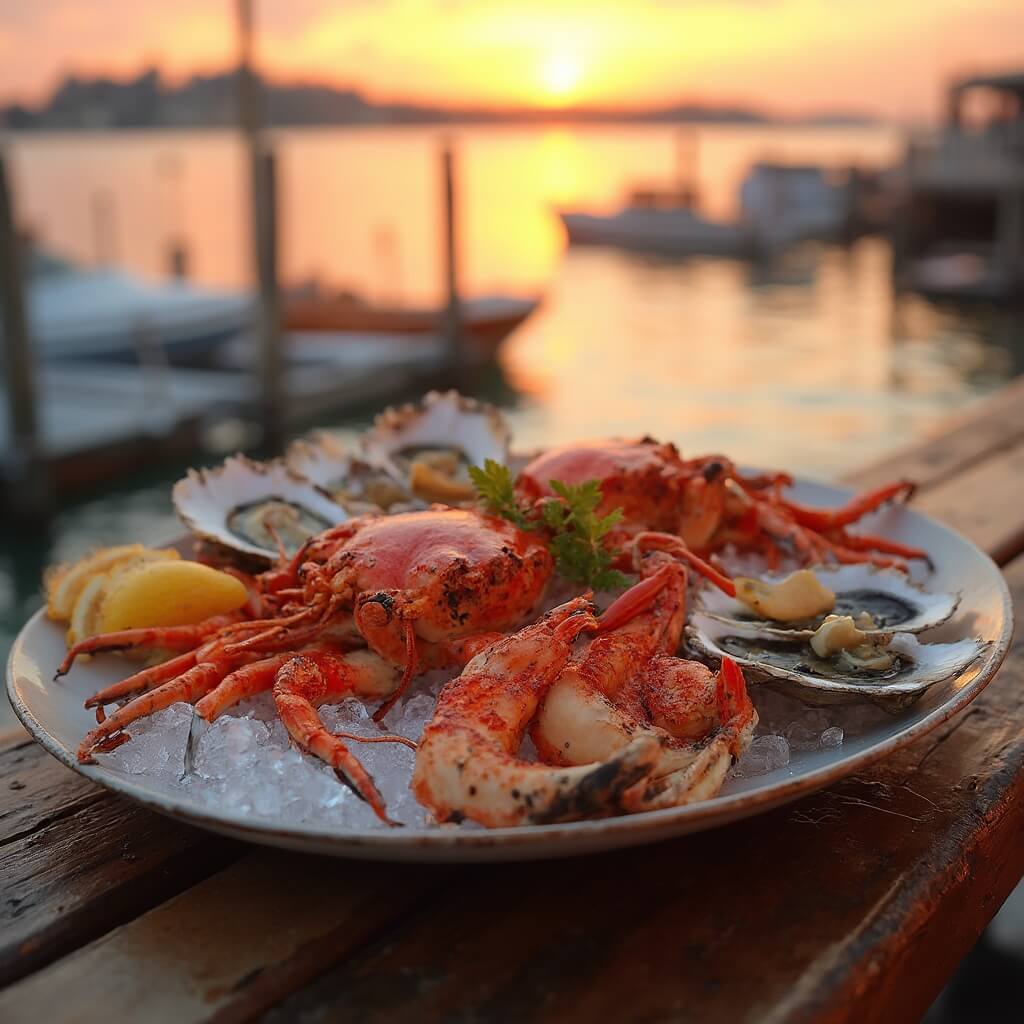 Close-up of a luxurious seafood platter including blue crabs, oysters on ice, grilled shrimp, and catch of the day on a wooden table at sunset, with blurred waterfront background