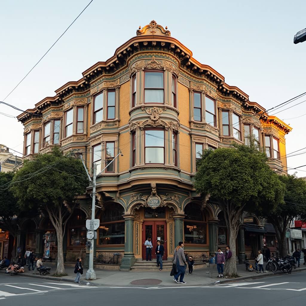 Vintage Victorian building with ornate architecture at Haight-Ashbury intersection during golden hour, with modern pedestrians passing by