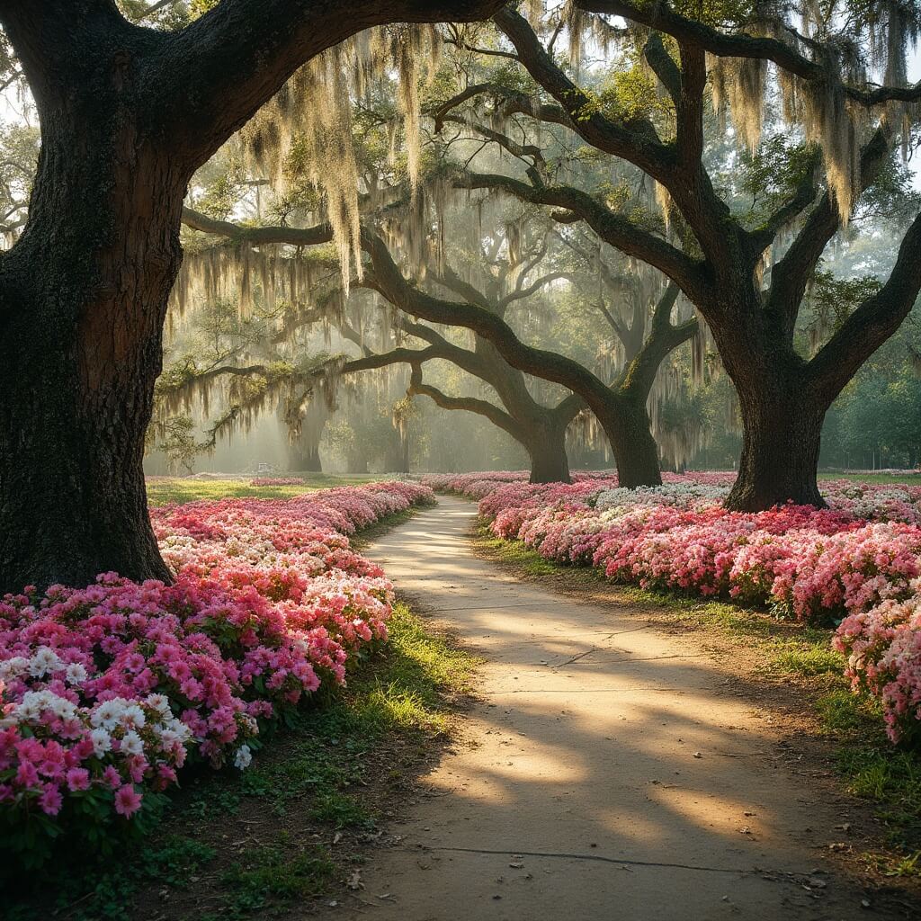 Sweeping paths lined with blooming pink and white azalea bushes in Hampton Park during spring, bathed in early morning light and surrounded by oak trees with Spanish moss.