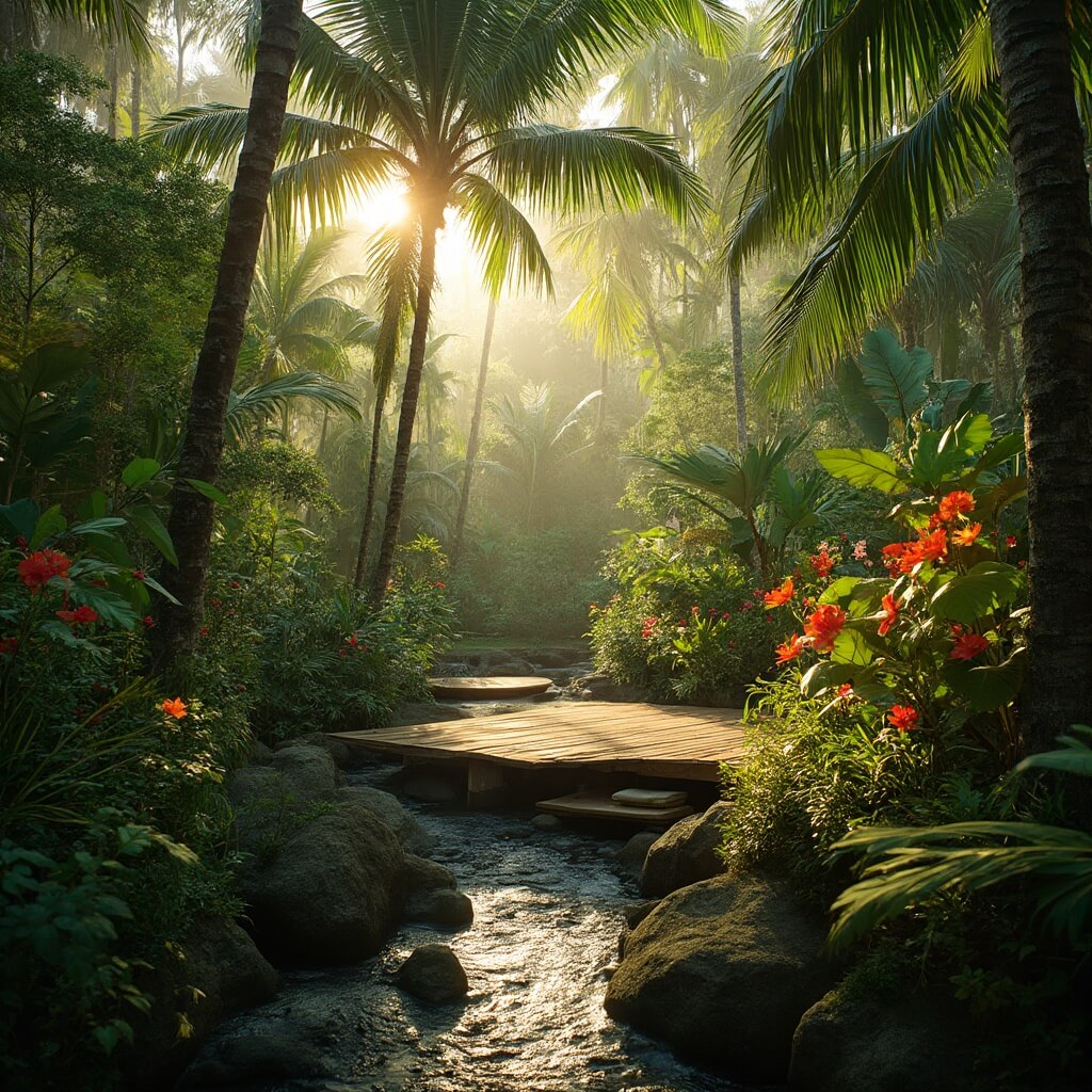 Meditation platform in a Hawaiian botanical garden surrounded by palm trees, native ferns, and hibiscus, with a nearby stream during golden hour