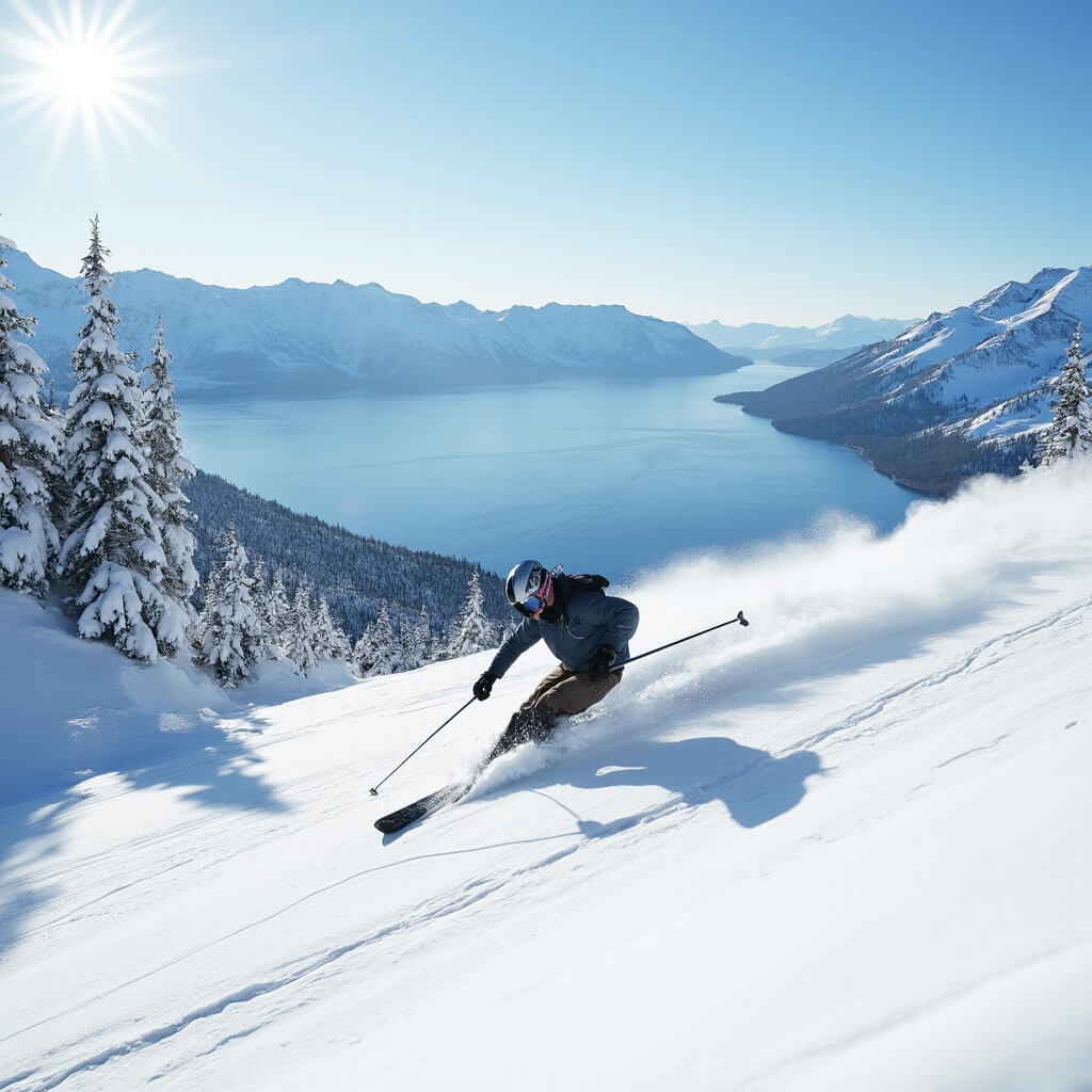 Professional skier descends rapidly on a groomed slope at Heavenly Mountain Resort, with mountain peaks and Lake Tahoe in the background