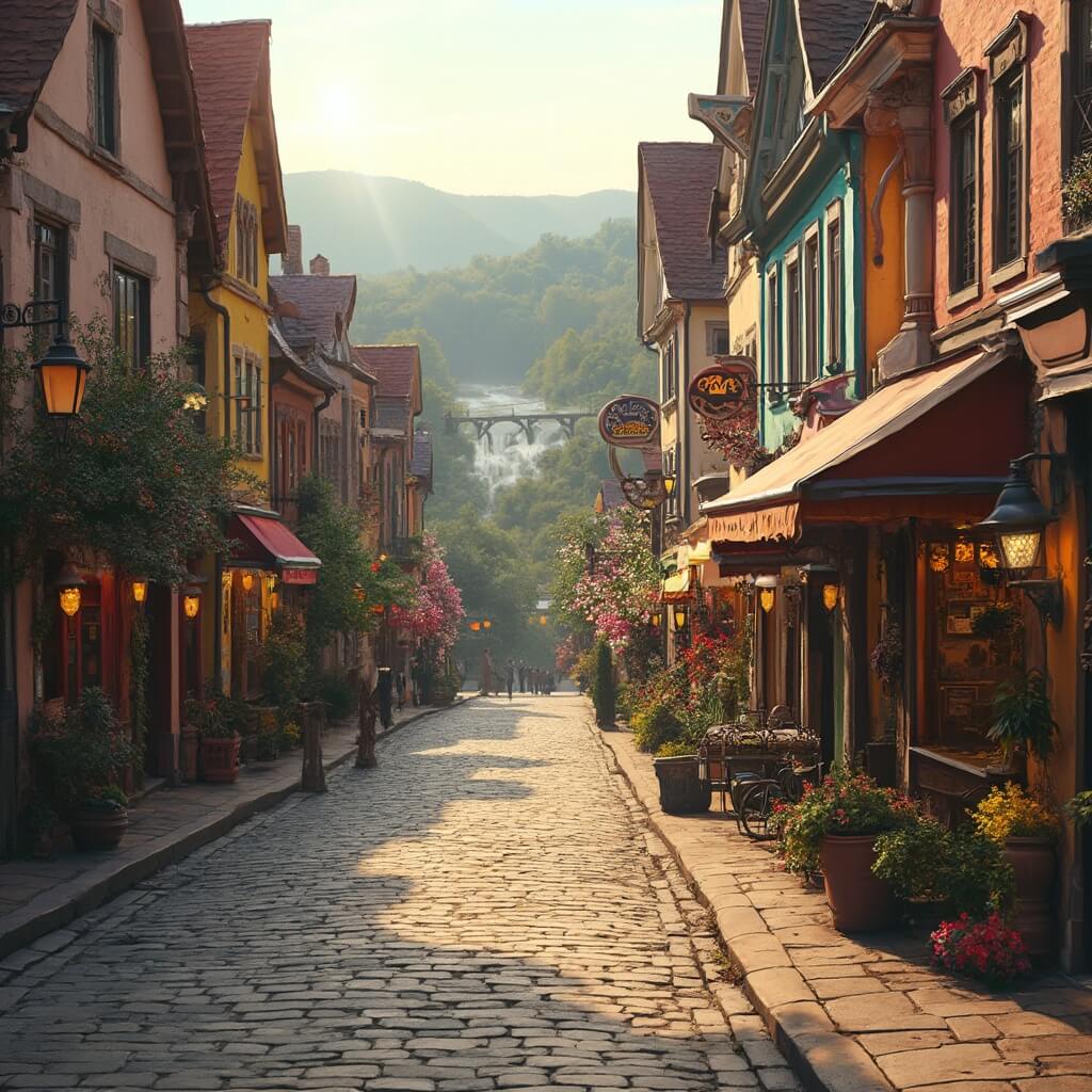Bavarian-style downtown Helen, Georgia with colorful alpine buildings, cobblestone streets, and the Chattahoochee River at golden hour