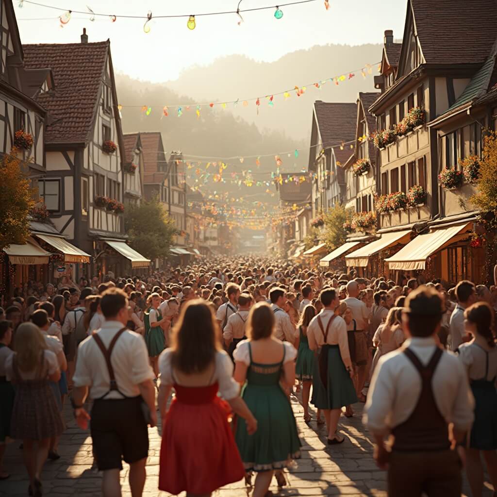 Crowds celebrating Oktoberfest in traditional Bavarian attire on a vibrant street in Helen, Georgia, with German-style buildings decorated with colourful autumn ornaments in the golden hour lighting.