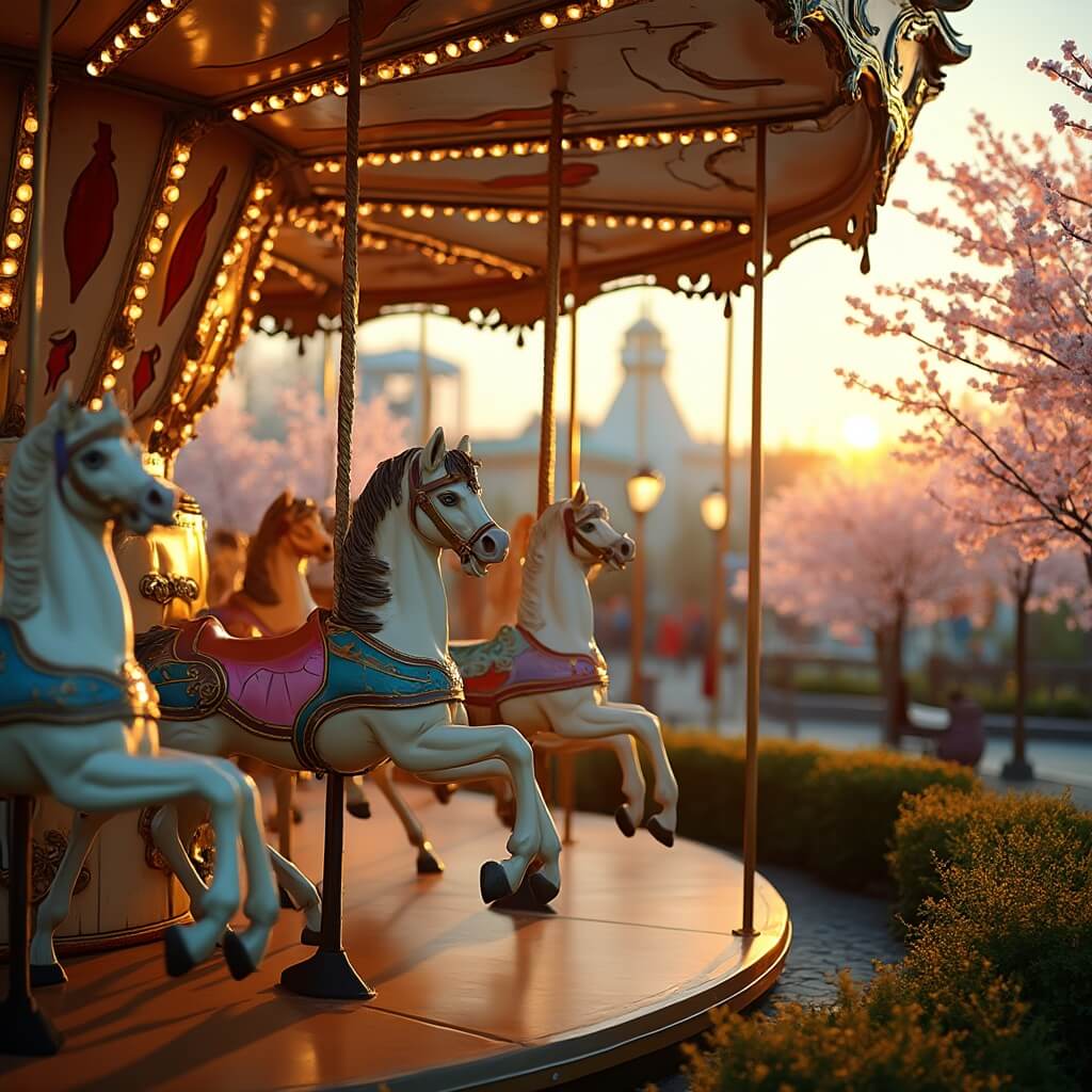 Hersheypark carousel at sunset surrounded by blossoming cherry trees and gardens, with gleaming freshly painted horses and park attractions in the background.