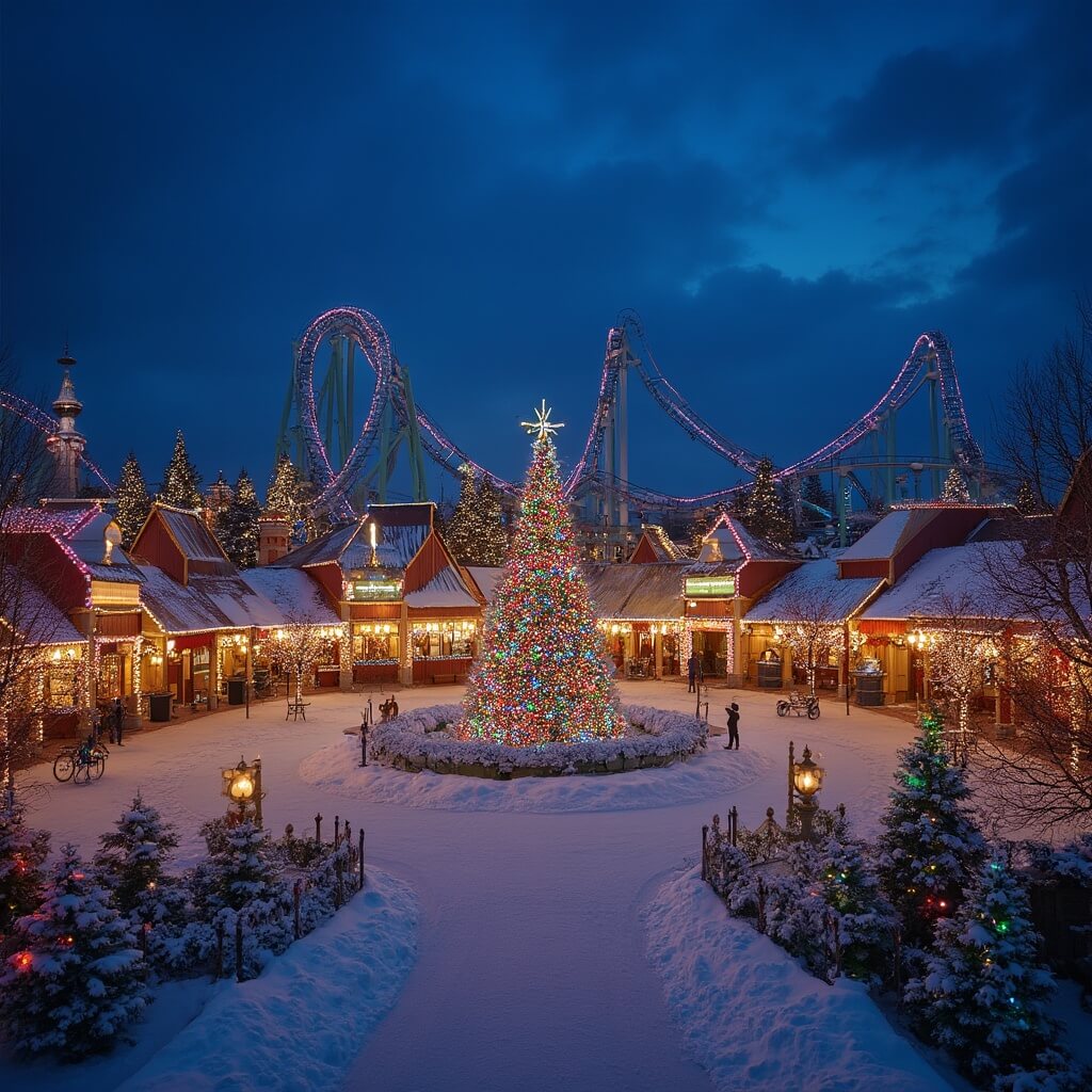 Hersheypark's grand entrance plaza lit by LED lights with snow-dusted paths, a towering Christmas tree centerpiece, and roller coaster silhouettes against a deep blue evening sky during Christmas season