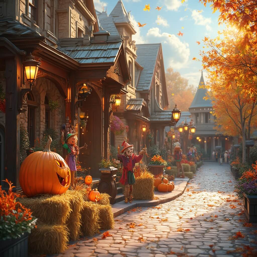 Family-friendly Halloween setup in Hersheypark with autumn displays, pumpkins, hay bales, fall foliage, friendly scarecrows, whimsical decorations on a cobblestone path, and Hershey's Kisses street lamps.