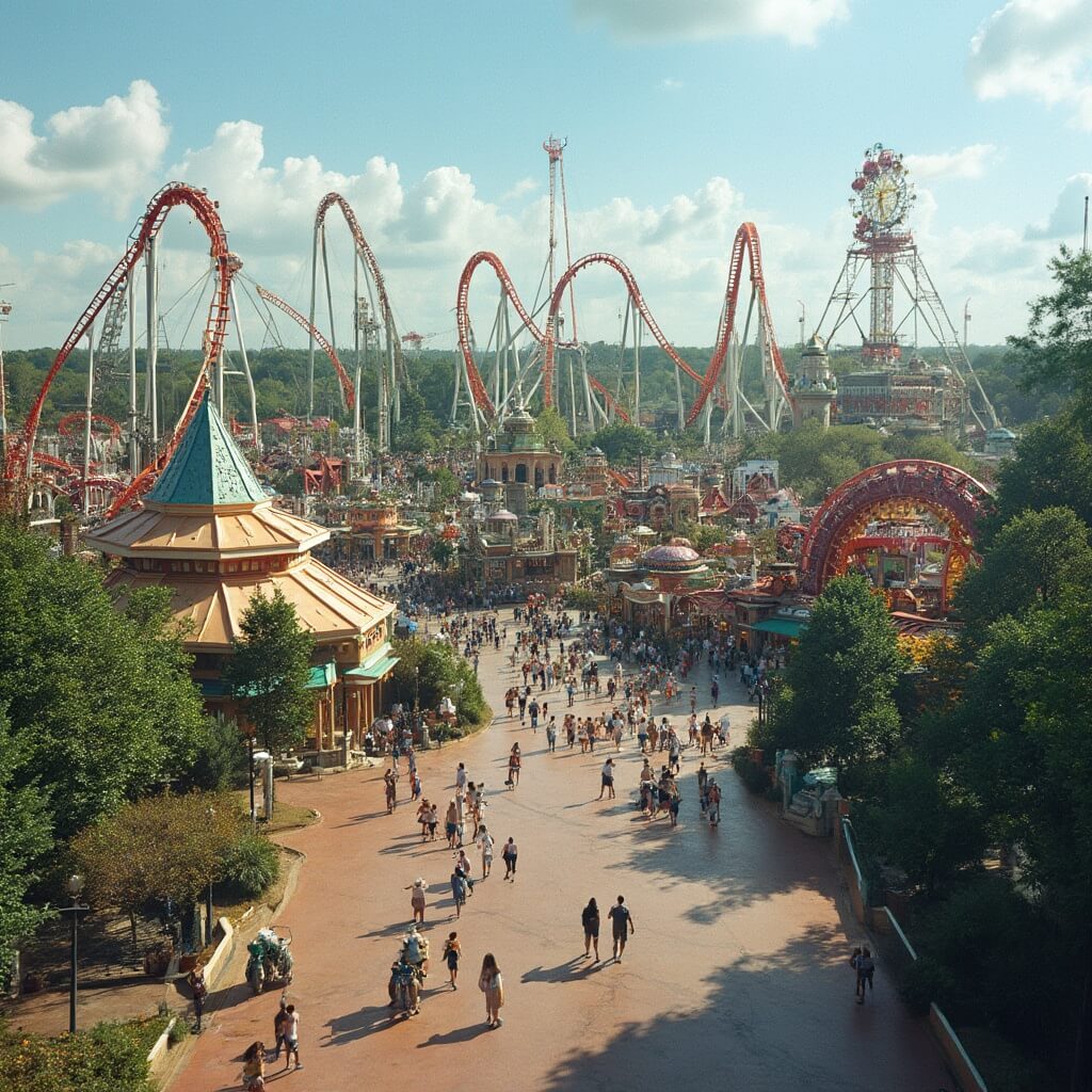 Wide-angle view of Hersheypark showcasing roller coasters, colorful rides, families strolling, and sunny summer day atmosphere