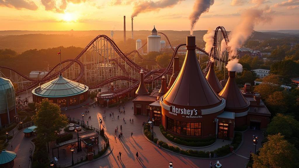 "Aerial view of Hersheypark at sunset featuring roller coasters, Hershey's Chocolate World building, Hershey Gardens butterfly atrium, and Hershey's Kiss-shaped street lights"