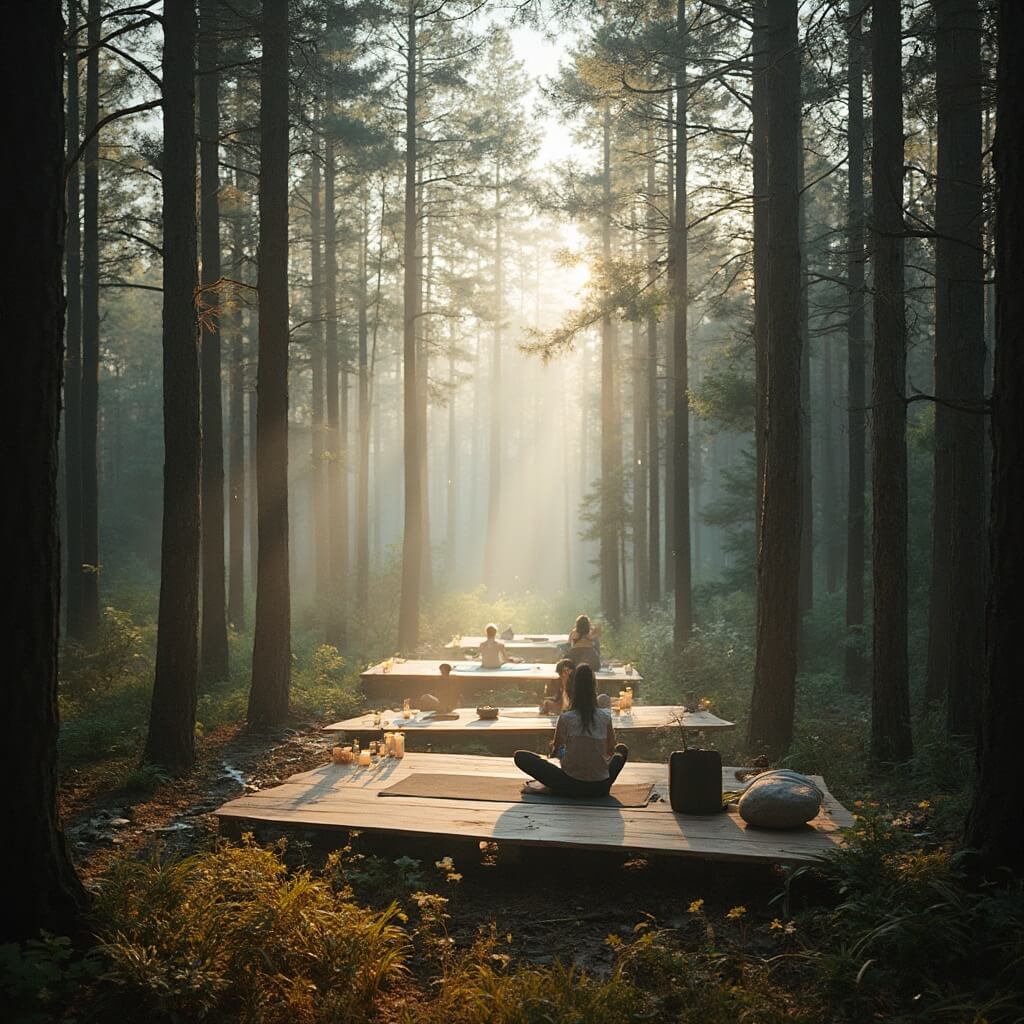 Early morning yoga retreat in a hidden forest in Door County with wooden platforms amidst tall pines, morning mist, and yoga mats facing a natural clearing with sunlight filtering through branches.