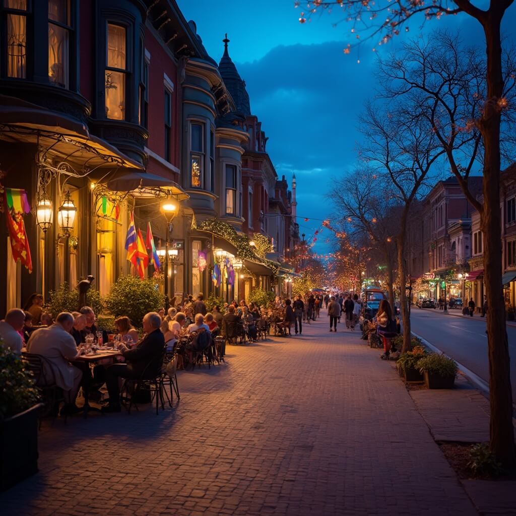 Nighttime scene in Louisville's Highlands neighborhood with Victorian-style buildings, rainbow flags, and people socializing on restaurant patios during twilight.
