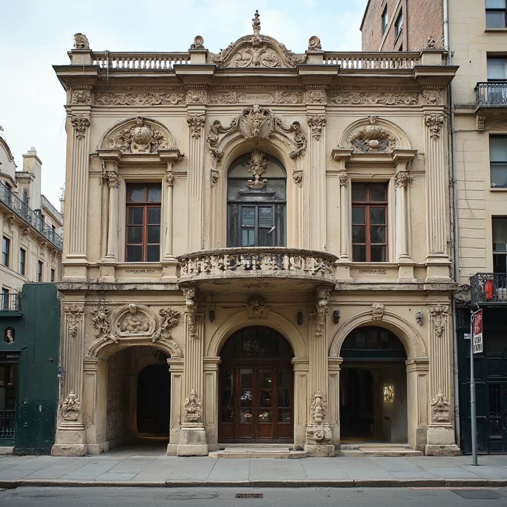 Vintage-style exterior of a historic bathhouse on Bathhouse Row, illuminated by soft natural light