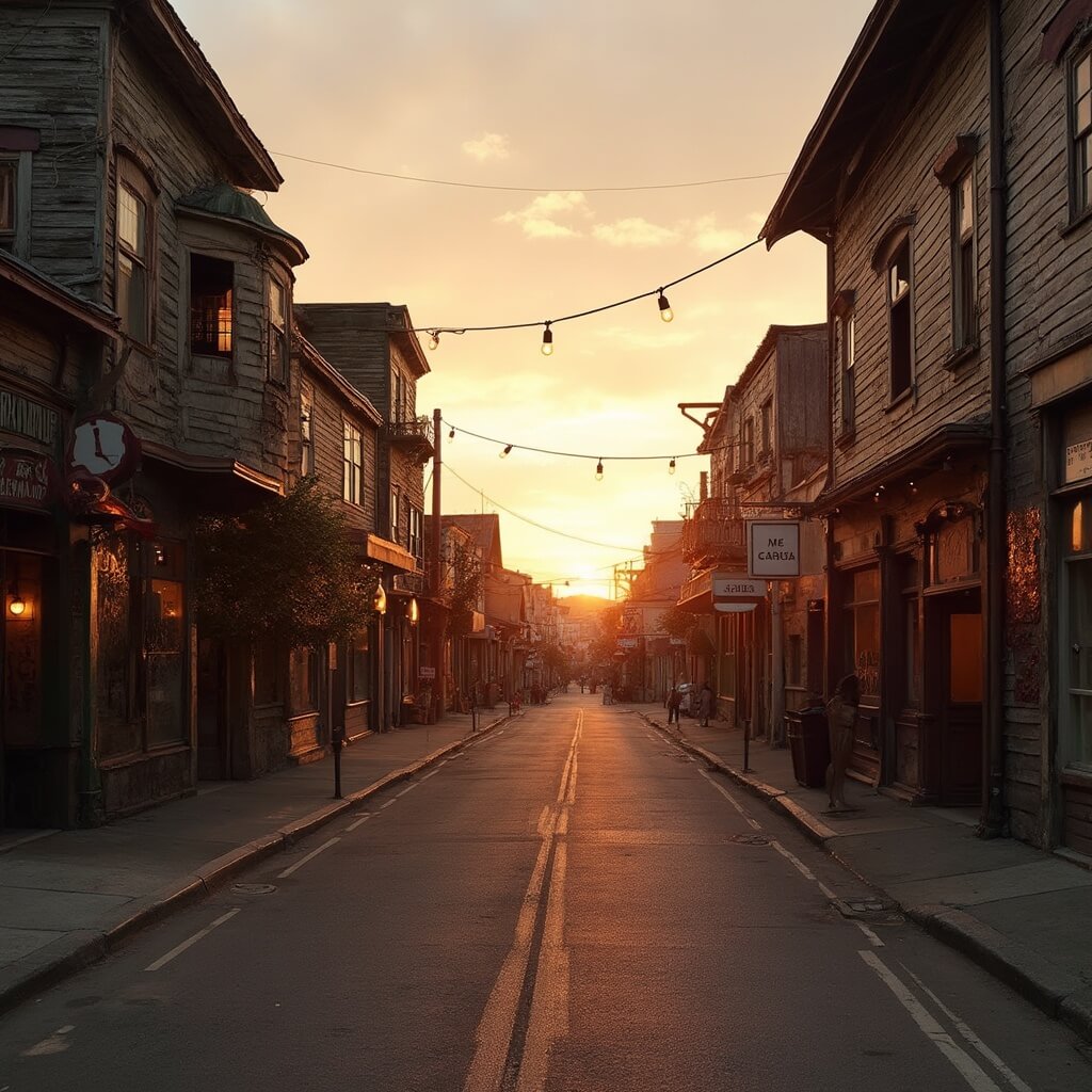 Cannery Row at sunset with historic wooden buildings bathed in warm golden light, vintage architecture, and an empty, character-filled street, void of modern signage or people