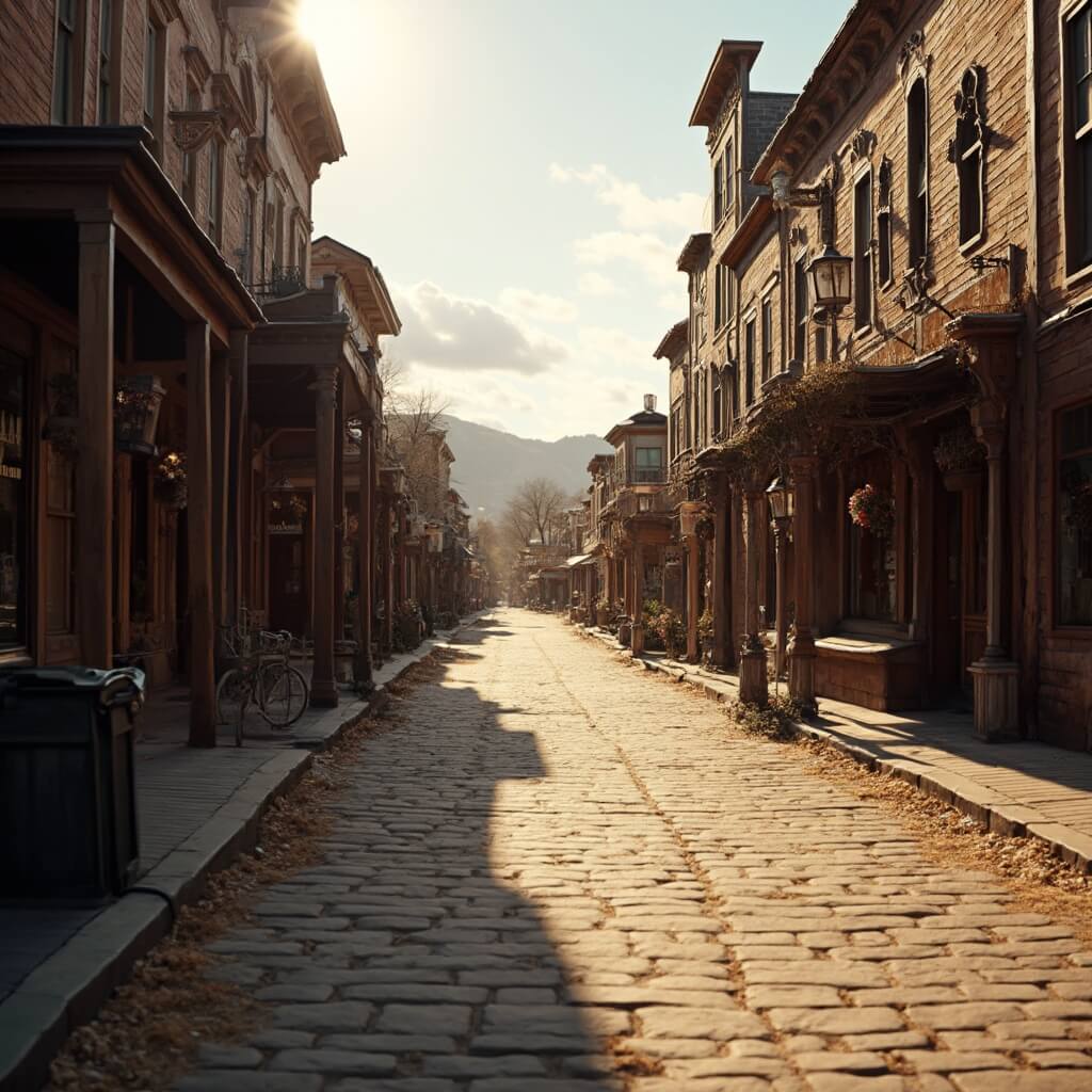 Historic Main Street in Deadwood with 19th-century wooden storefronts in early morning light, showing architectural elements and empty street for historical authenticity