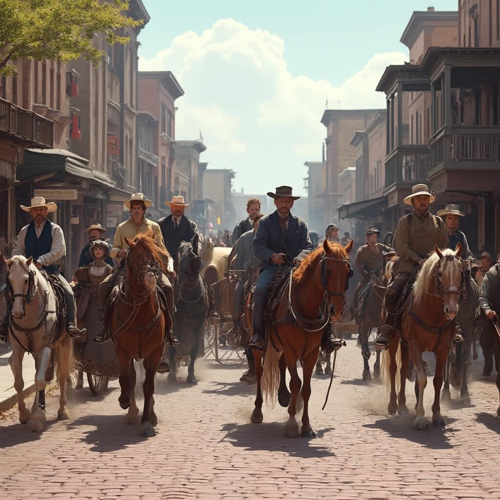 1876 Parade scene with cowboys, ladies in Victorian dresses, horse-drawn wagons and historic wooden architecture