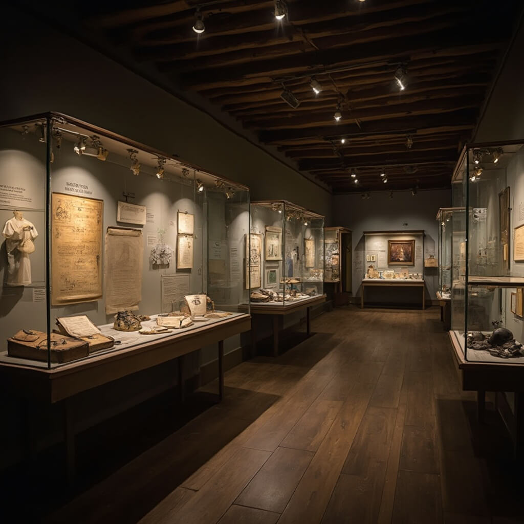 Interior of Adams Museum with gold rush artifacts displayed in glass cases, vintage documents, and soft lighting highlighting historical details, in a muted color palette
