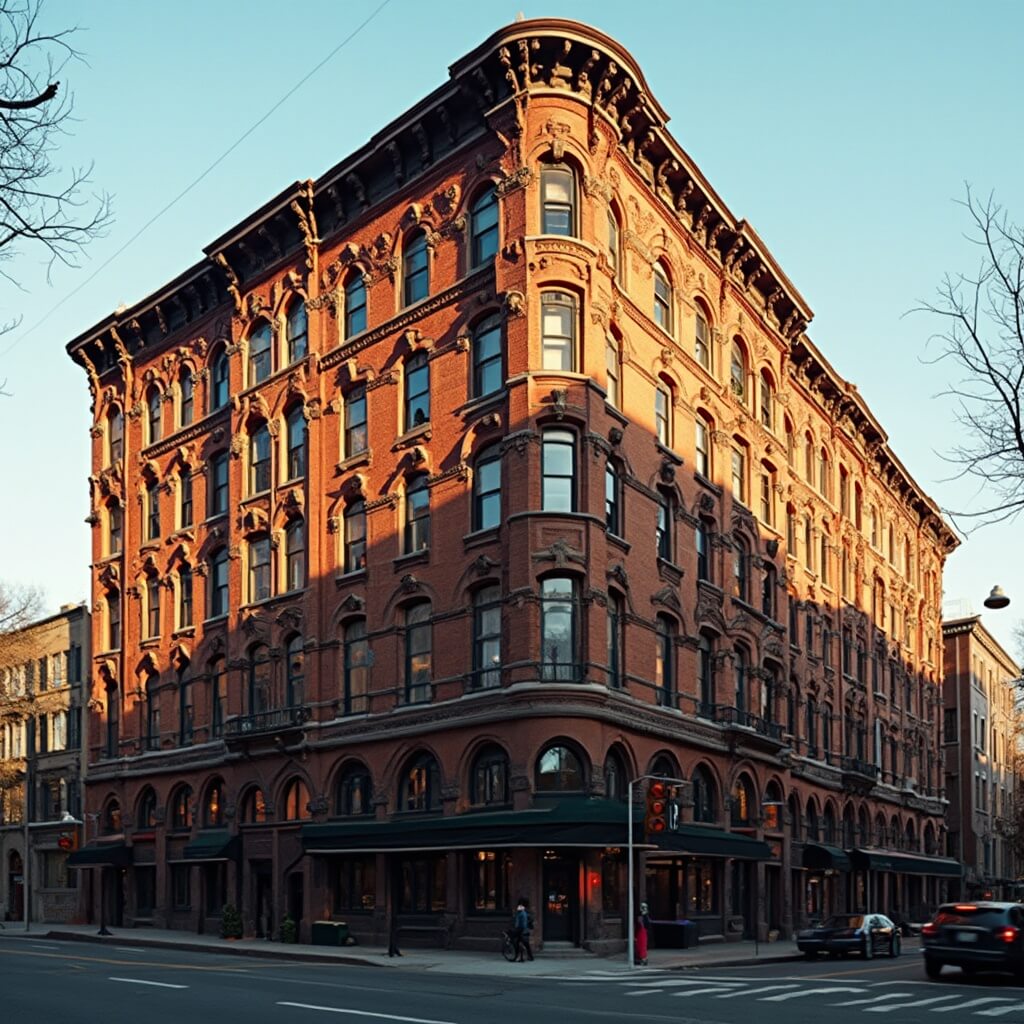 Historic Victorian-era building with red brick detailing and tall arched windows in LoDo, Denver during golden hour
