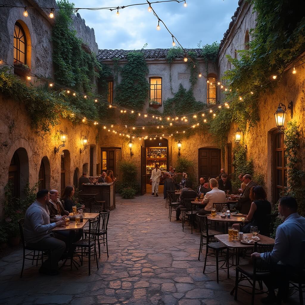 Historic St. Augustine courtyard at dusk with weathered coquina stone walls, string lights, intimate seating, and small stage with musical instruments, patrons enjoying craft beers at wrought iron tables.