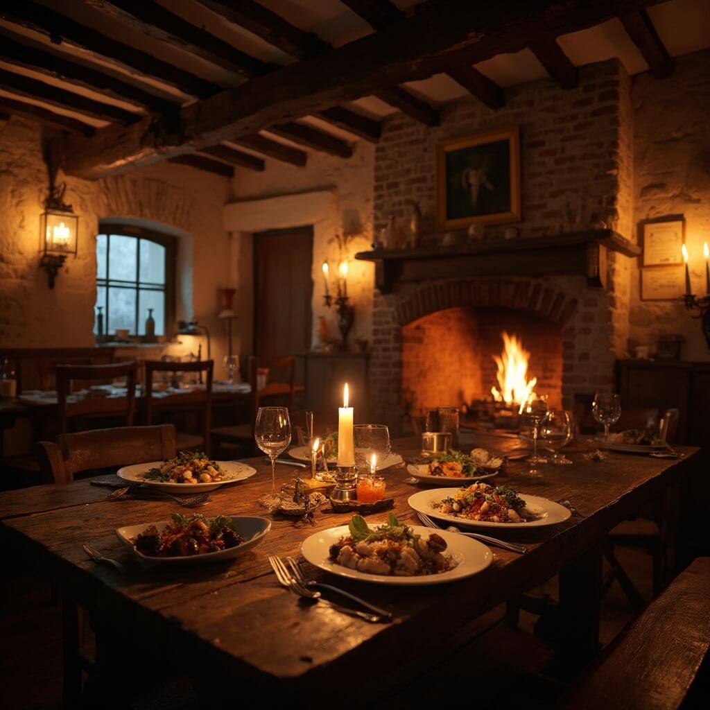 Candlelit colonial-era tavern with rustic wooden table set with gourmet seafood, with fireplace shadows dancing on weathered brick walls