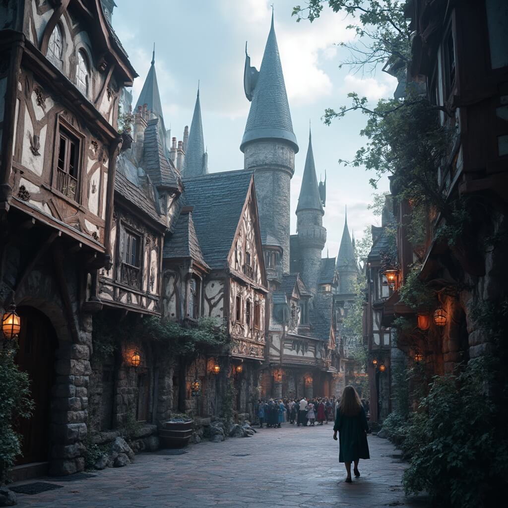 Wide-angle shot of the immersive Wizarding World of Harry Potter at Universal Orlando Resort showcasing elaborate themed architecture, magical stone buildings, intricate design details, and rich color palette