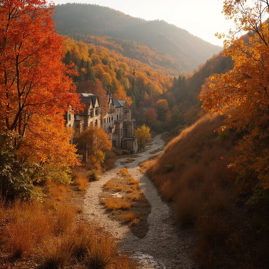 Autumn scene at Hot Springs National Park with vibrant orange and red maple trees, winding hiking trails, and historic bathhouses in the background during golden hour