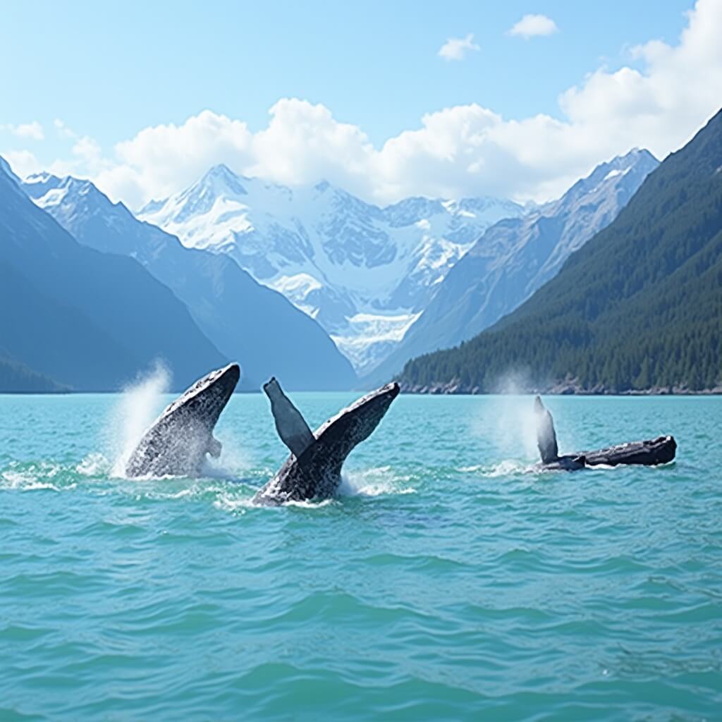 Humpback whales breaching in the aquamarine waters of Glacier Bay with glacial mountains and forested coastline in the background