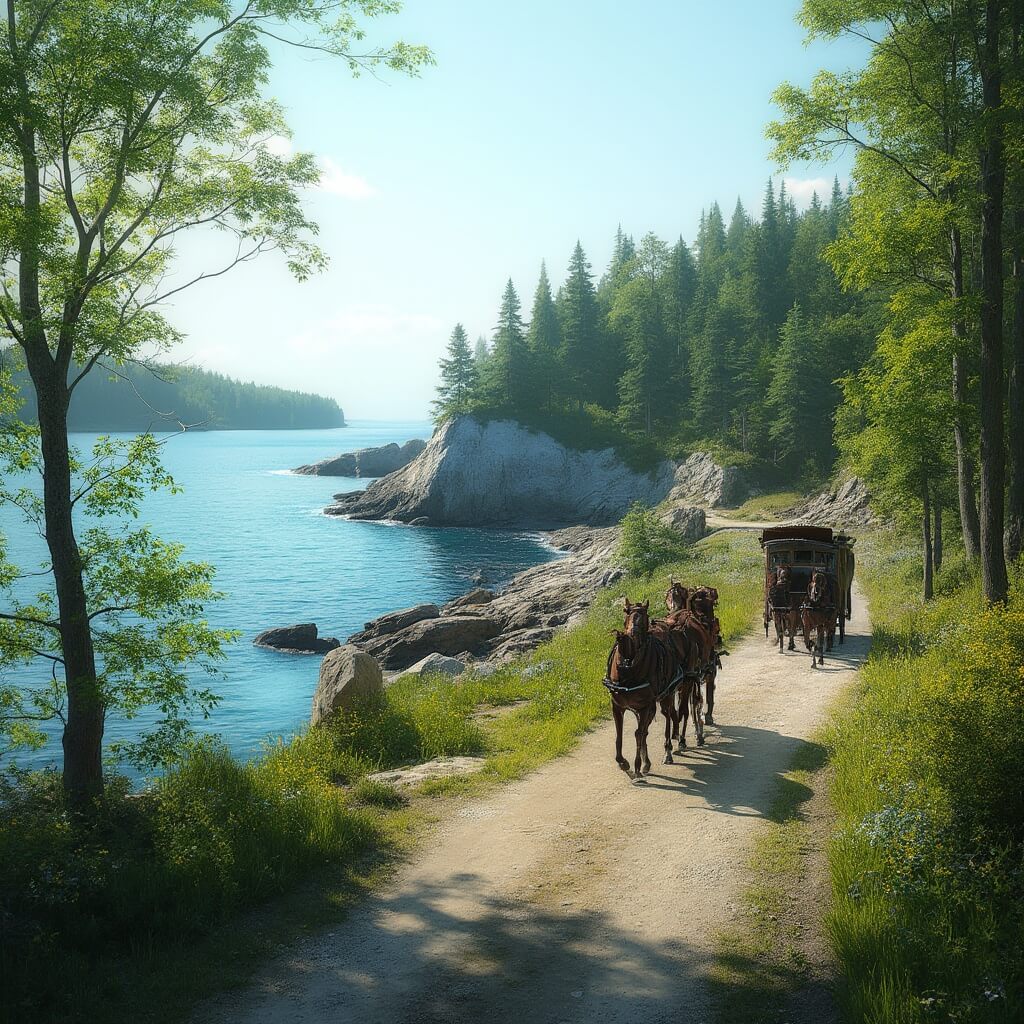 Bicycle path along Lake Huron coastline with horses pulling carriage, dense forest and morning light