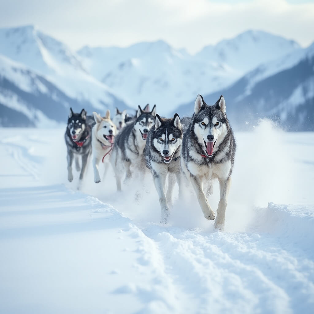 Dog sled team of huskies racing across Arctic wilderness with white mountains and blue sky in background
