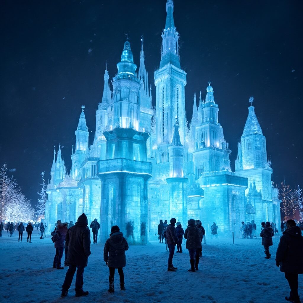 Visitors admiring a 20-foot tall illuminated ice castle sculpture at Zehnder's Snowfest on a snowy winter night