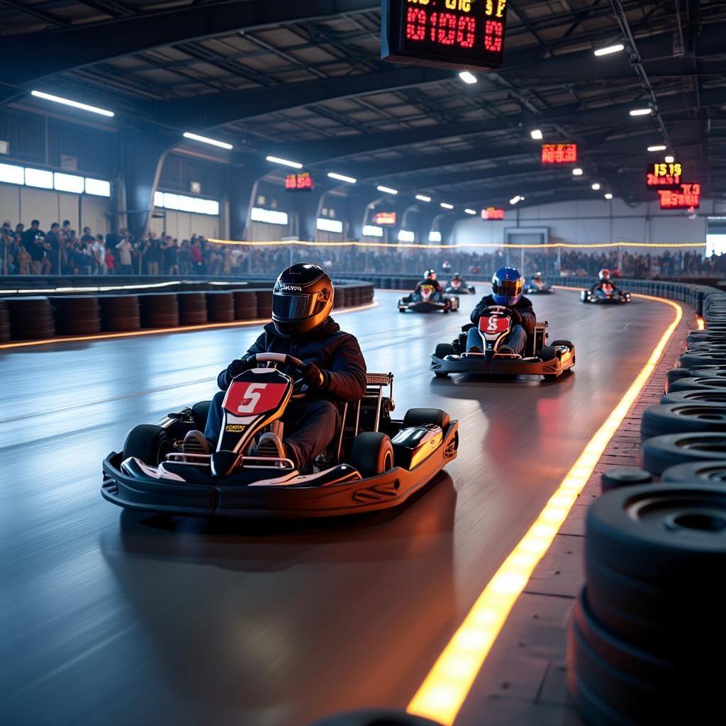 Professional go-karts racing on a well-lit indoor track with banked turns, LED lighting strips, safety barriers, and timing displays, surrounded by spectators in elevated viewing areas.