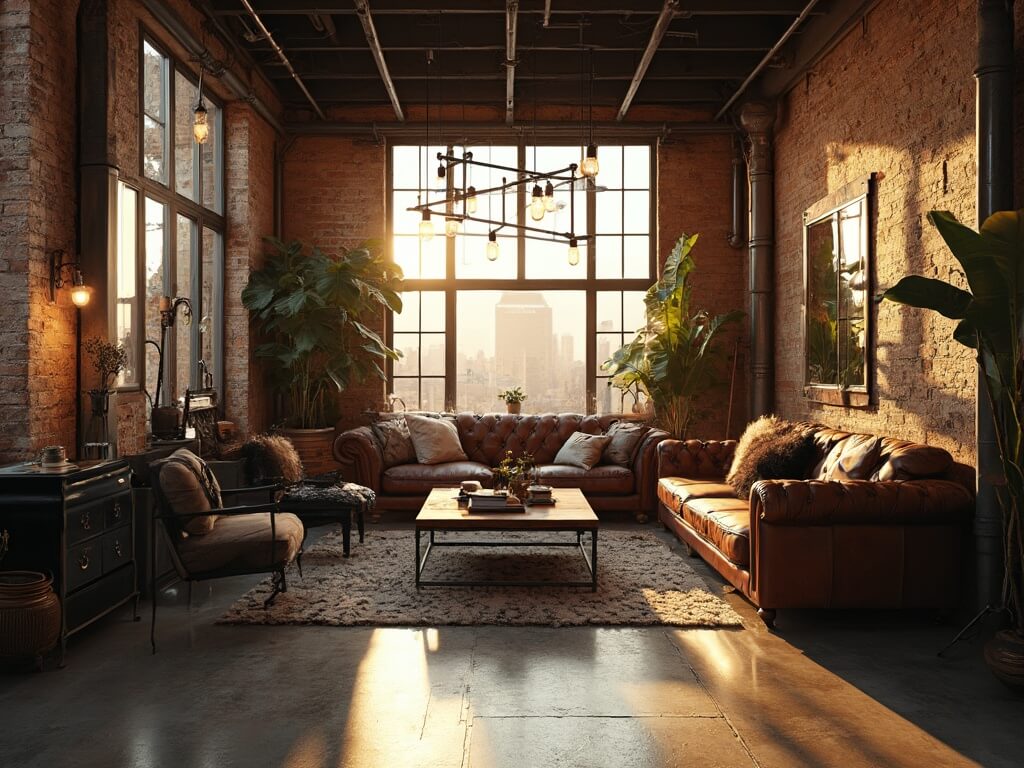"Luxurious industrial loft living room with exposed brick walls, concrete floors, leather sofa, steel-framed armchairs, Edison bulb pendant lights, reclaimed wood coffee table, and oversized mirrors during golden hour."