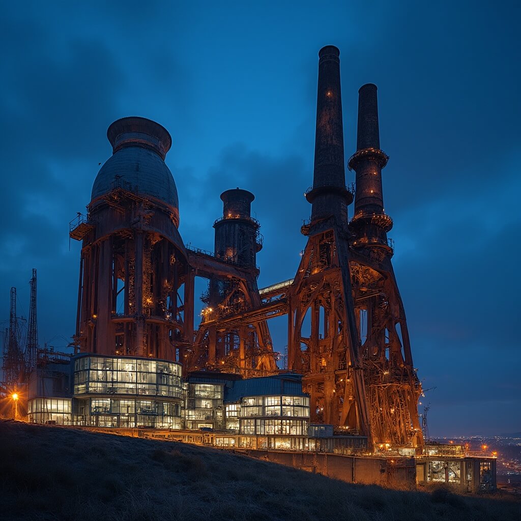 Dramatic transformation of former industrial site featuring rusted steel beams and blast furnaces, brightly lit with modern artistic lighting, glass buildings and cultural spaces integrated harmoniously, against a deep blue dusk sky.