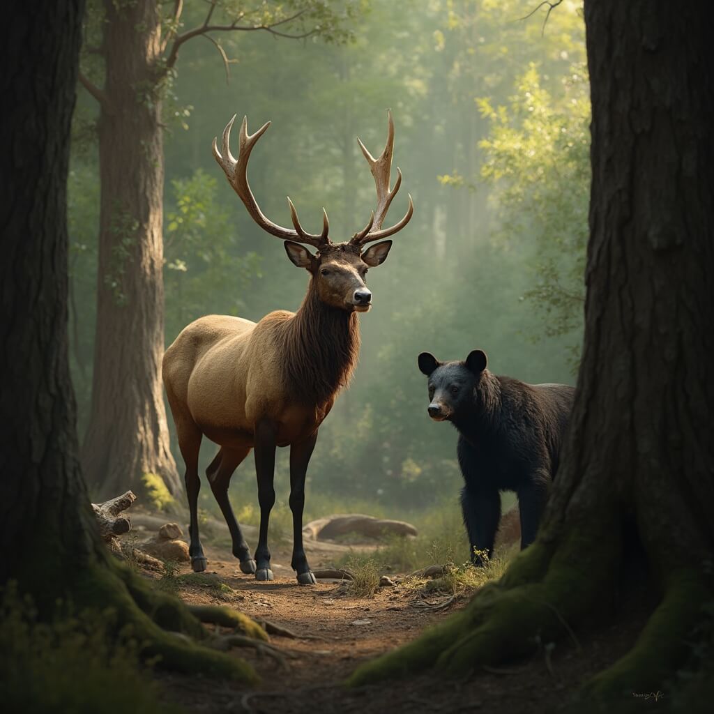 Majestic elk in a naturalistic habitat at ZooAmerica, highlighted by soft forest lighting