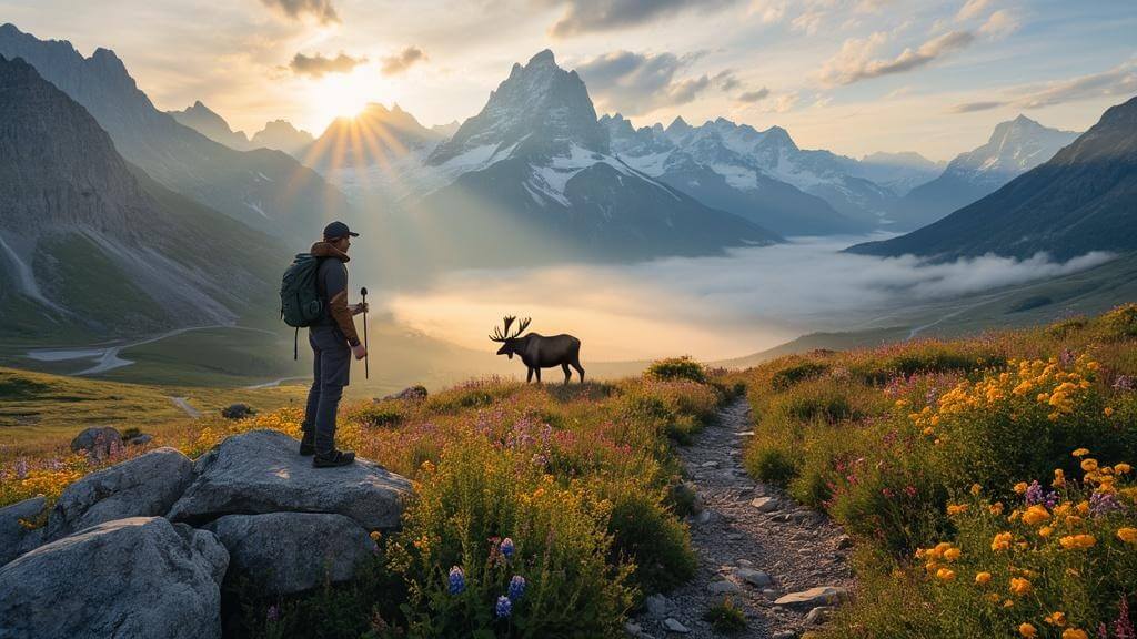 "Lone hiker overlooking the stunning sunrise over Jackson Hole Valley with Grand Teton mountain range, morning mist, grazing bull moose, wildflowers, and trailing path."