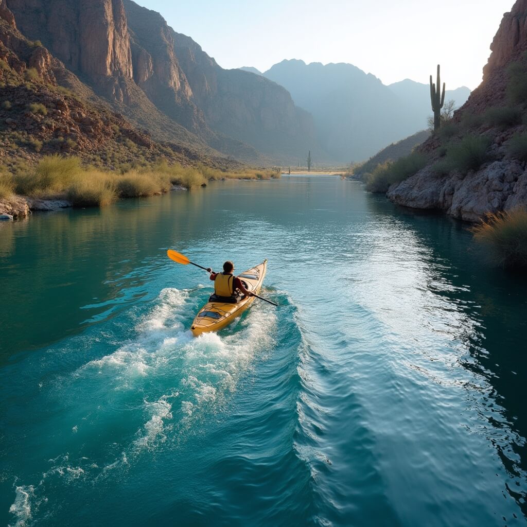 Kayaker skillfully navigating the vibrant blue waters of Saguaro Lake amidst Arizona's rugged desert mountains during sunrise or sunset