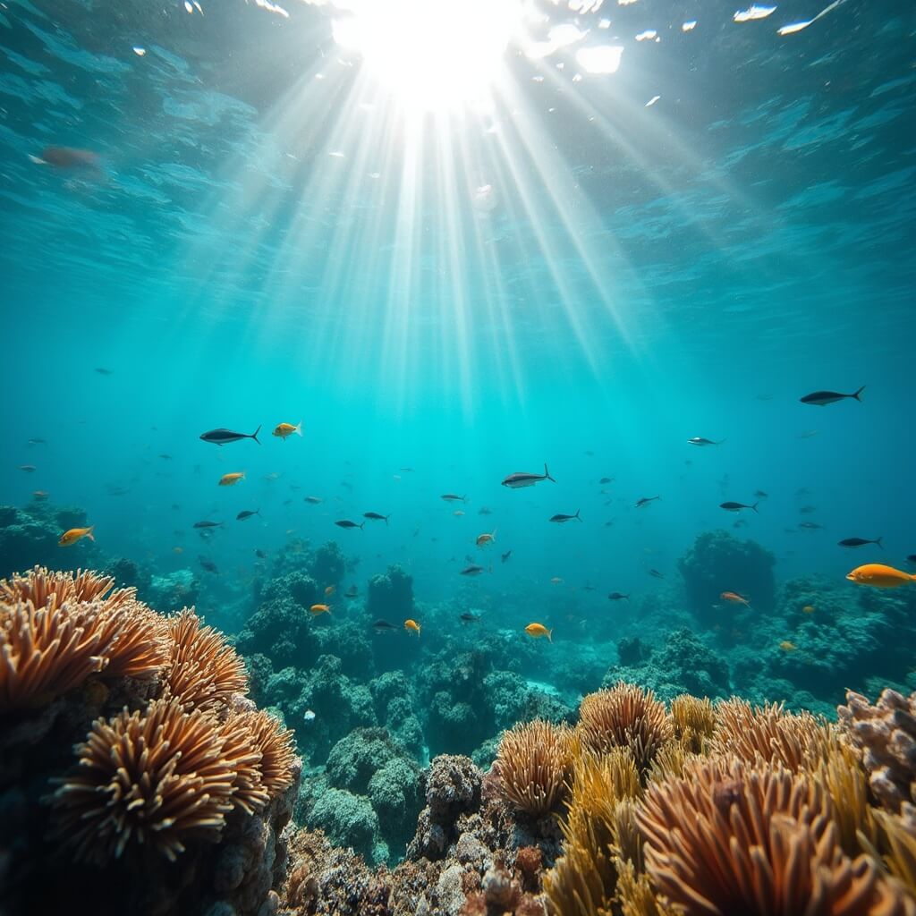 Underwater view of vibrant Key Largo coral reefs and tropical fish through glass-bottom boat with sunlight beams streaming through water