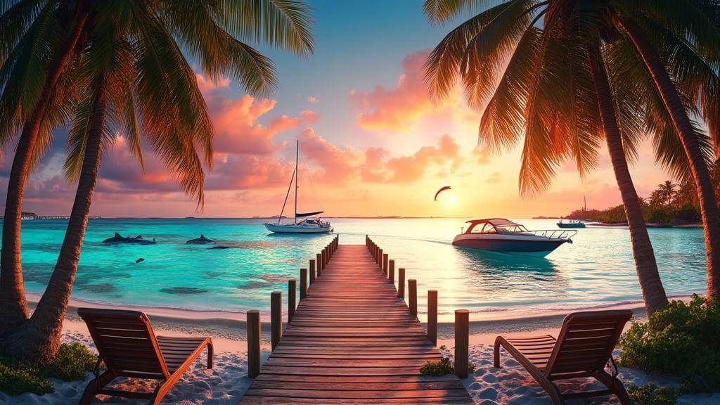 "Panoramic view of Key Largo's sunset with turquoise water, palm silhouettes, beach, pier, glass-bottom boat over a coral reef, playing dolphins, empty chairs, anchored sailboat and mangroves."