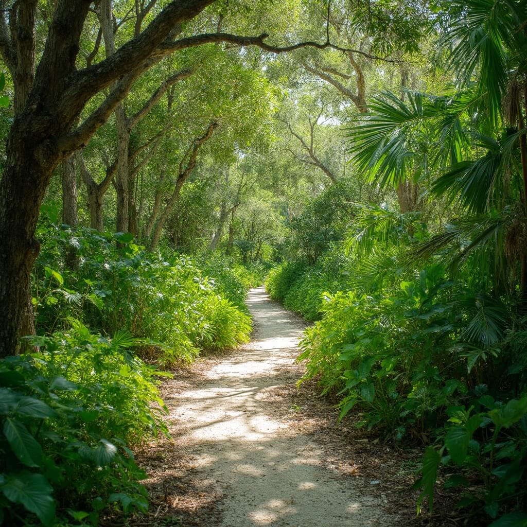 Scenic nature trail in Key Largo with lush green foliage, dappled sunlight filtering through the dense tree canopy, and local wildlife in the Florida Keys landscape