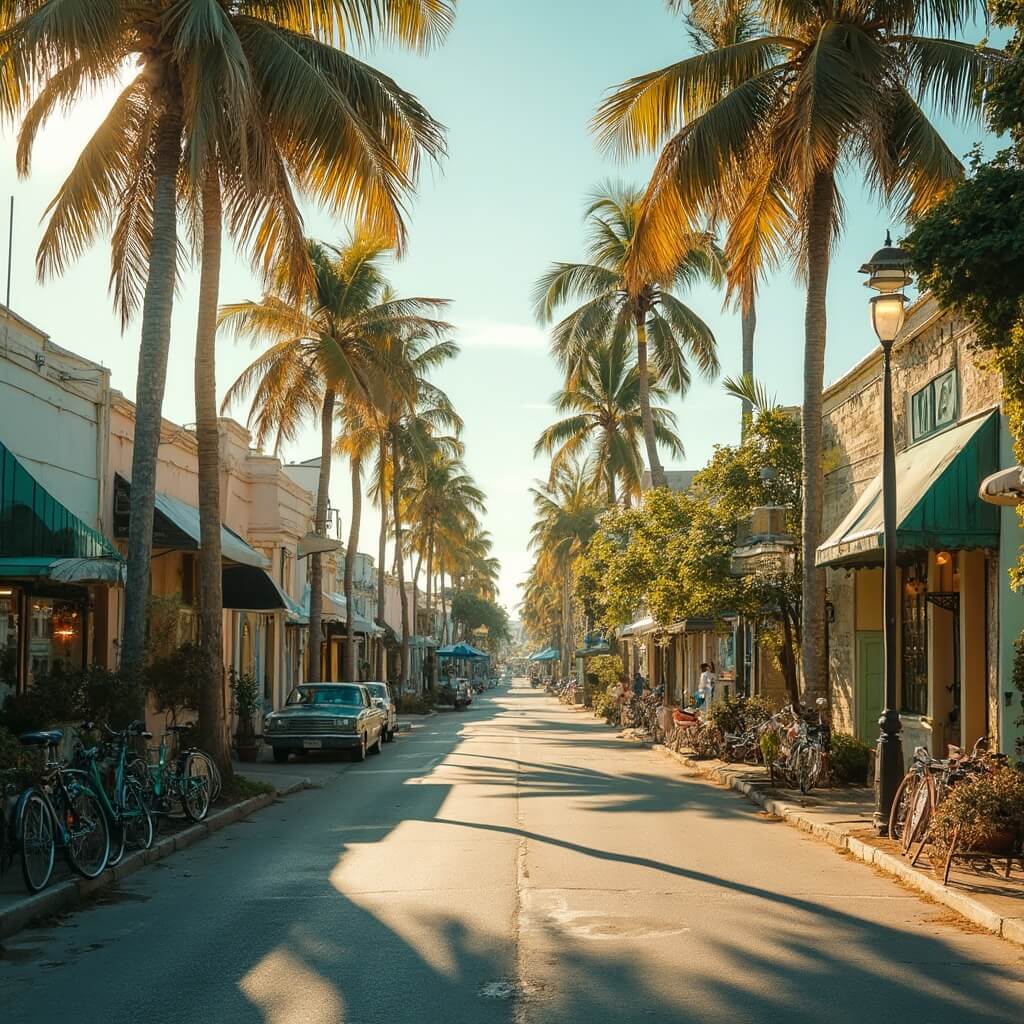 Pastel-colored street in Key West with bicycles against beautiful buildings and swaying palm trees in afternoon light