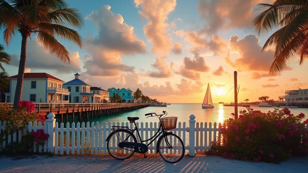 "Sunset over Key West's harbor with pastel-hued homes, palm trees, a sailboat, and a vintage bicycle against a white picket fence covered in bougainvillea"