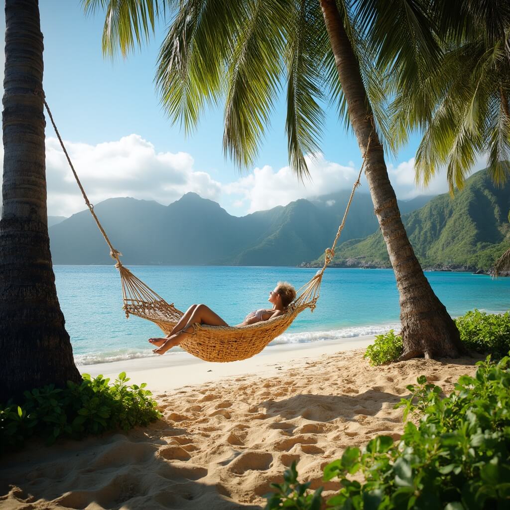 Wooden hammock swaying between palm trees at Kualoa Ranch's Secret Island Beach with panoramic views of Kaneohe Bay and lush green mountains in the background.