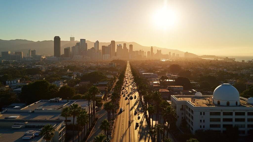 "Panoramic view of Los Angeles at sunset, featuring downtown skyline, the Hollywood Sign, Venice Beach boardwalk, Griffith Observatory, Walt Disney Concert Hall, and Santa Monica Pier amidst natural beauty and urban landscape."